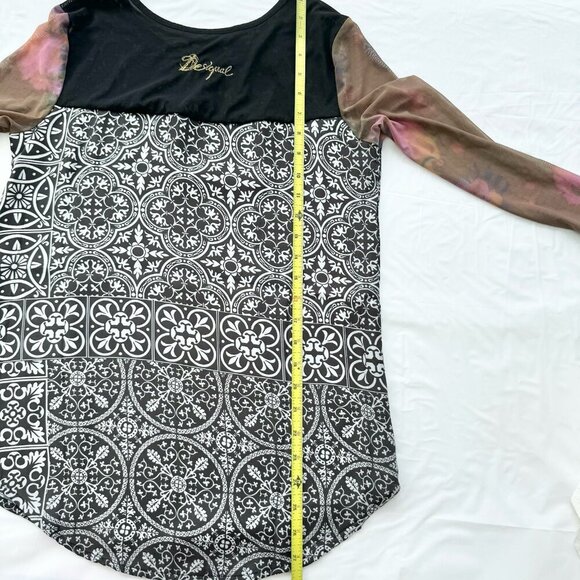 Desigual Women's Long Sleeve Geometric Print Top Sheer Floral Sleeves Size Small - Picture 11 of 16